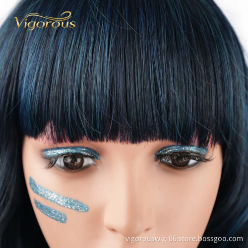 Hot Selling Water Wave With Bang Bob Mixed Blue Black Manufacturers High Quality Cheap Heat Resistant Synthetic Wigs